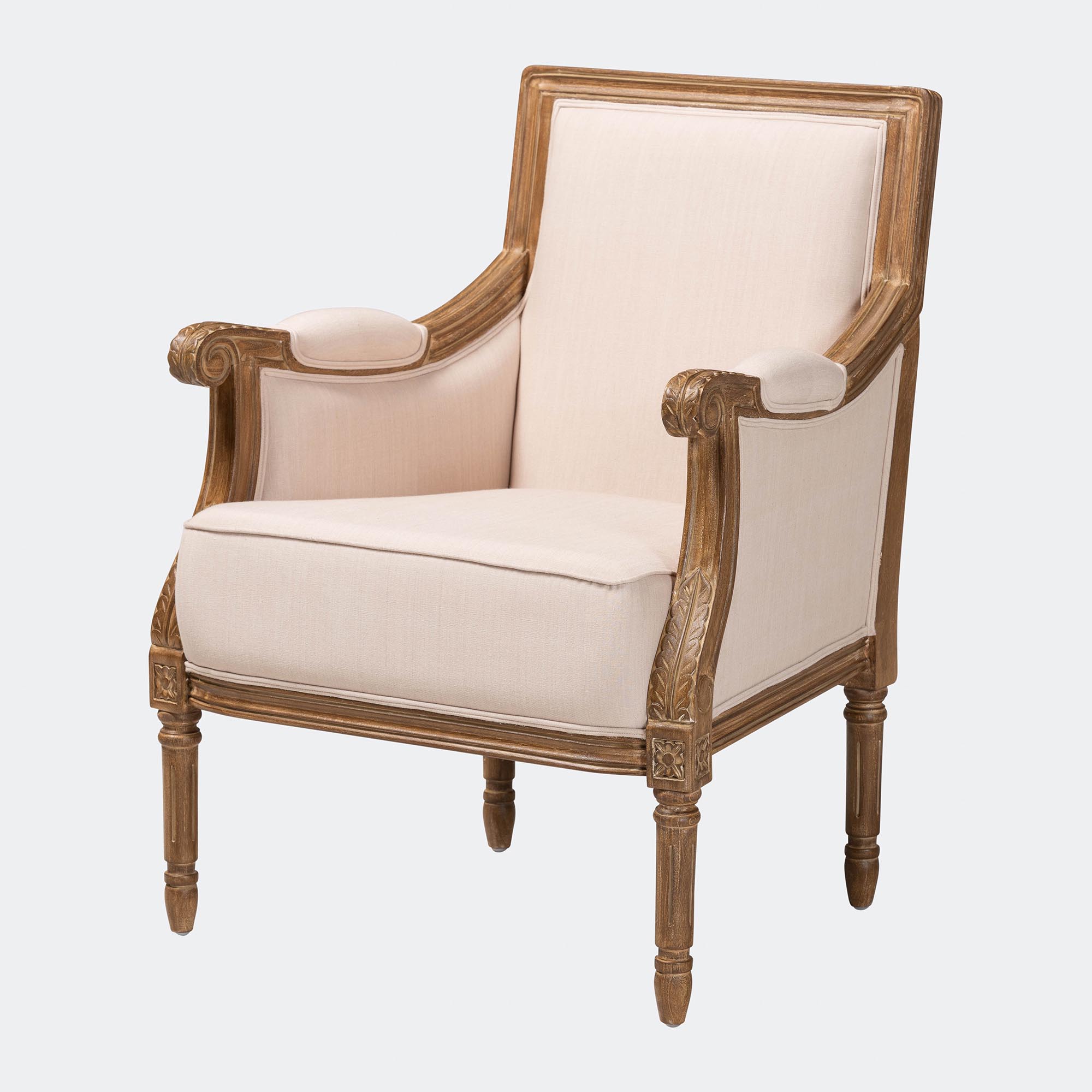 Baxton Studio Chavanon Wood & Light Beige Linen Traditional French Accent Chair Affordable modern furniture in Chicago,Chavanon Wood &  Light Beige Linen Traditional French Accent Chair, Living Room Furniture Chicago
