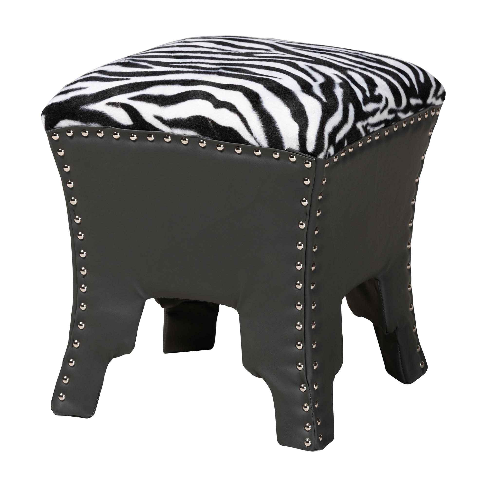 Baxton Studio Sally Modern and Contemporary Zebra-print Patterned Fabric Brown Faux Leather Upholstered Accent Stool with Nail heads Affordable modern furniture in Chicago, Classic Living Room Furniture, Modern Standard Ottomans, cheap Ottomans