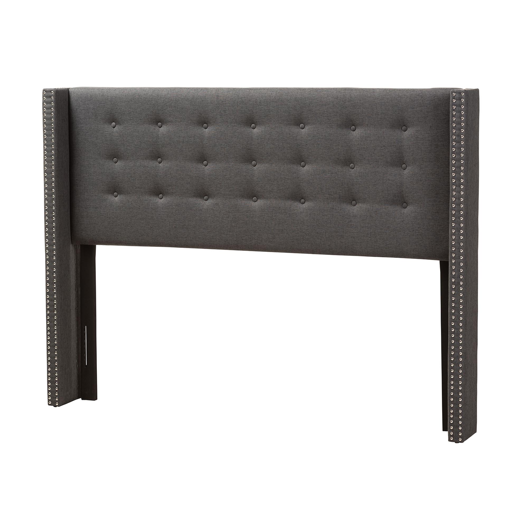 Baxton Studio Ginaro Modern And Contemporary Dark Grey Fabric Button-Tufted Nail head King Size Winged Headboard Affordable modern furniture in Chicago, classic bedroom furniture, modern headboards, cheap king headboards