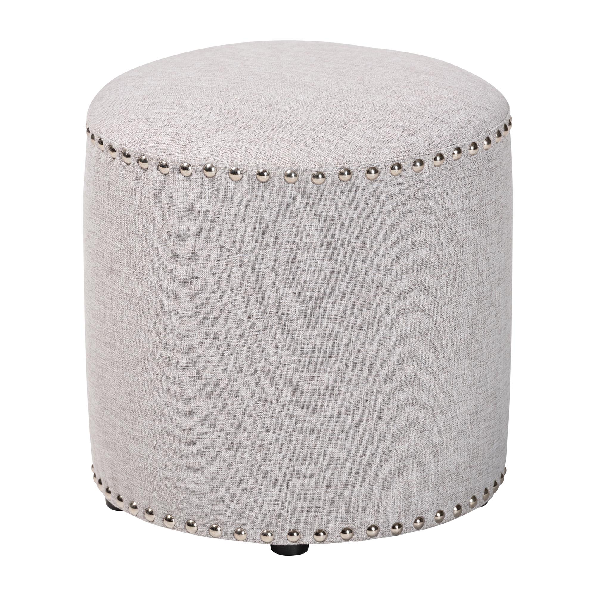 Baxton Studio Rosine Modern and Contemporary Light Grey Fabric Upholstered Nail Trim Ottoman Affordable modern furniture in Chicago, classic living room furniture, modern ottoman, cheap ottomans
