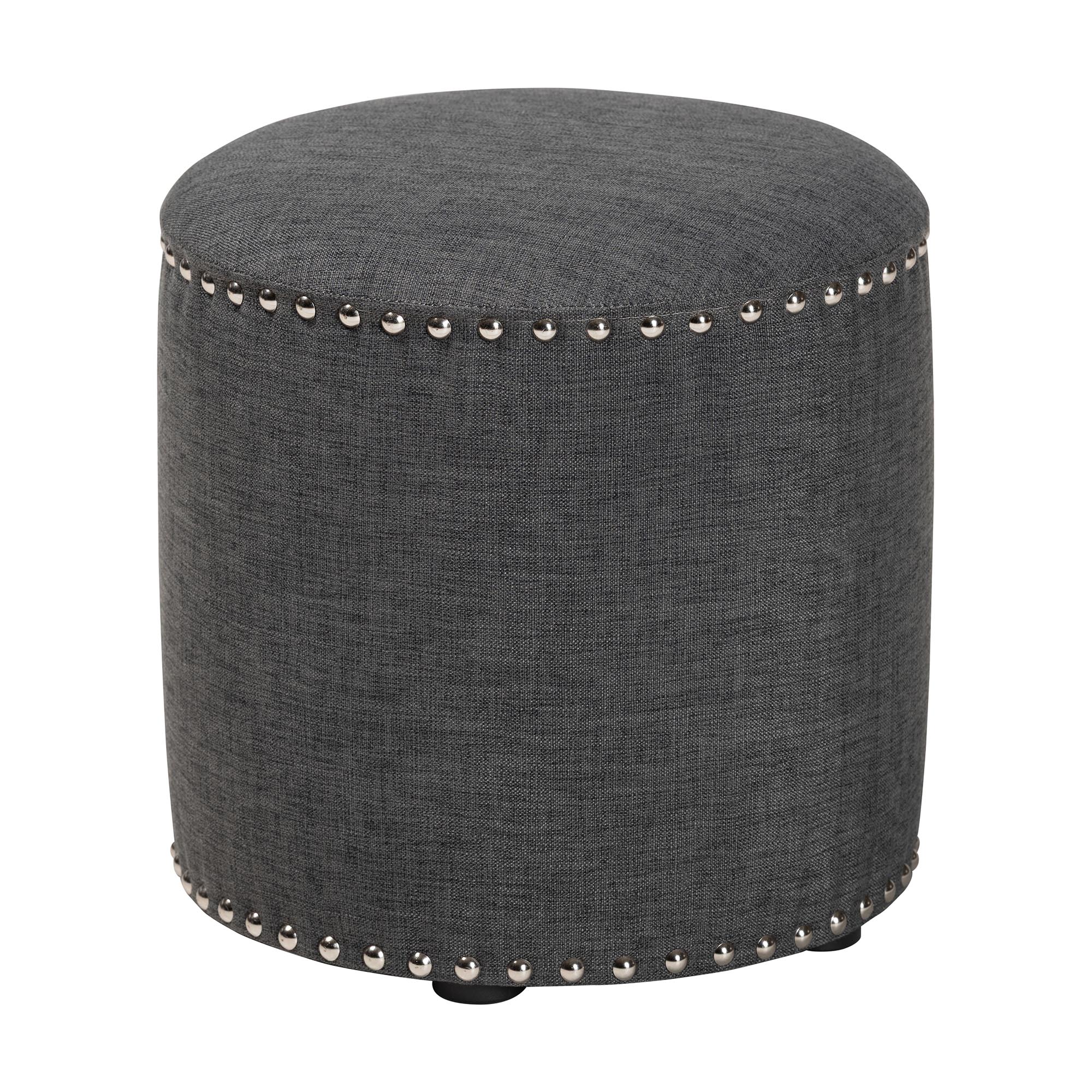 Baxton Studio Rosine Modern and Contemporary Dark Grey Fabric Upholstered Nail Trim Ottoman Affordable modern furniture in Chicago, classic living room furniture, modern ottoman, cheap ottomans