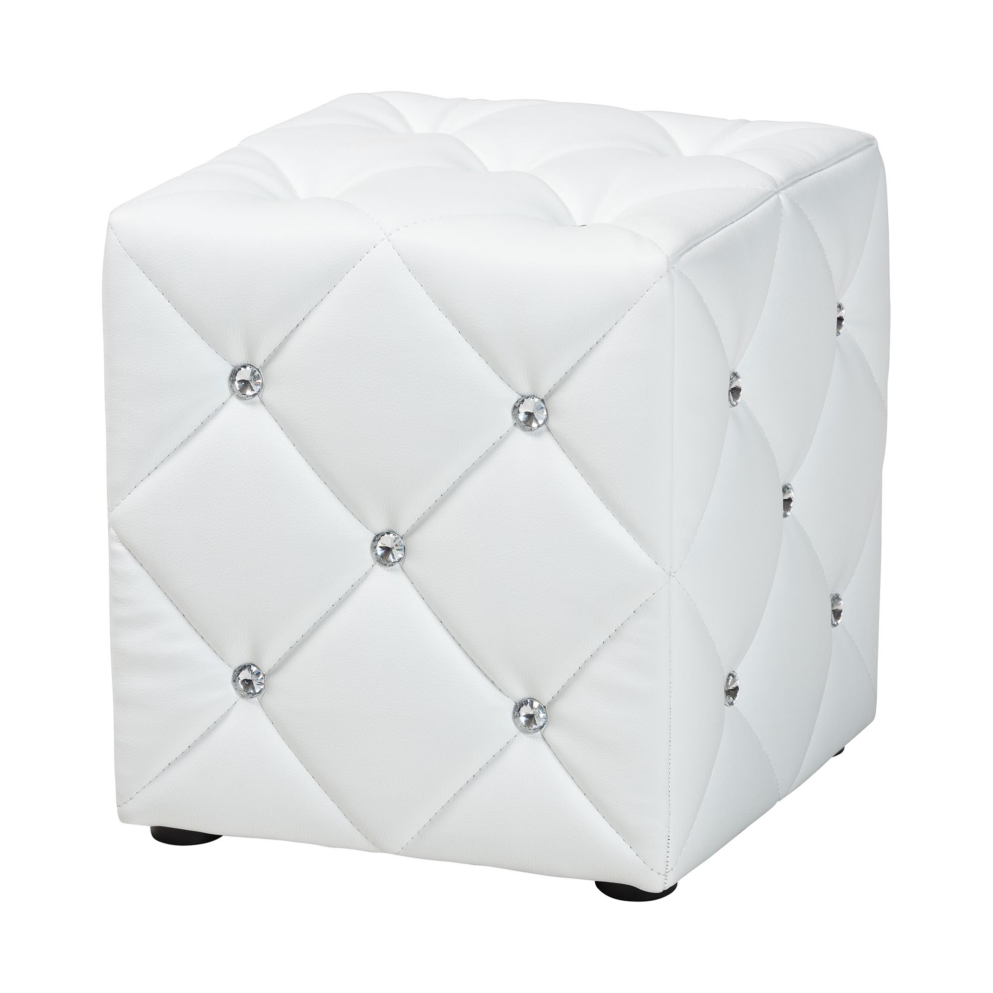 Baxton Studio Stacey Modern and Contemporary White Faux Leather Upholstered Ottoman Affordable modern furniture in Chicago, classic living room furniture, modern ottoman, cheap ottomans