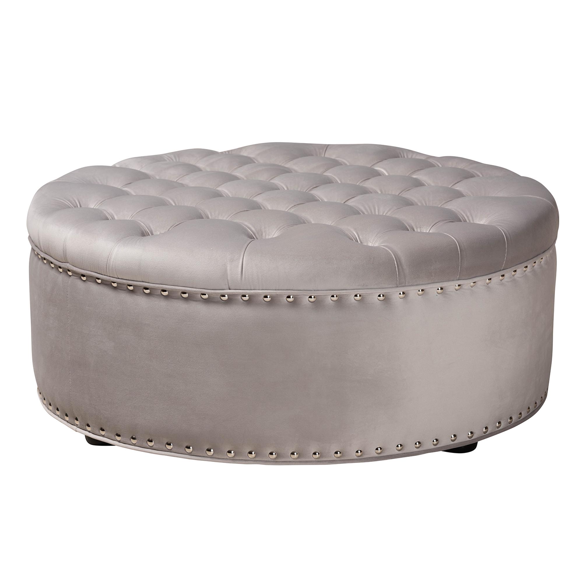 Baxton Studio Iglehart Modern and Contemporary Light Gray Velvet Fabric Upholstered Tufted Cocktail Ottoman Affordable modern furniture in Chicago, classic living room furniture, modern ottomans, cheap ottomans