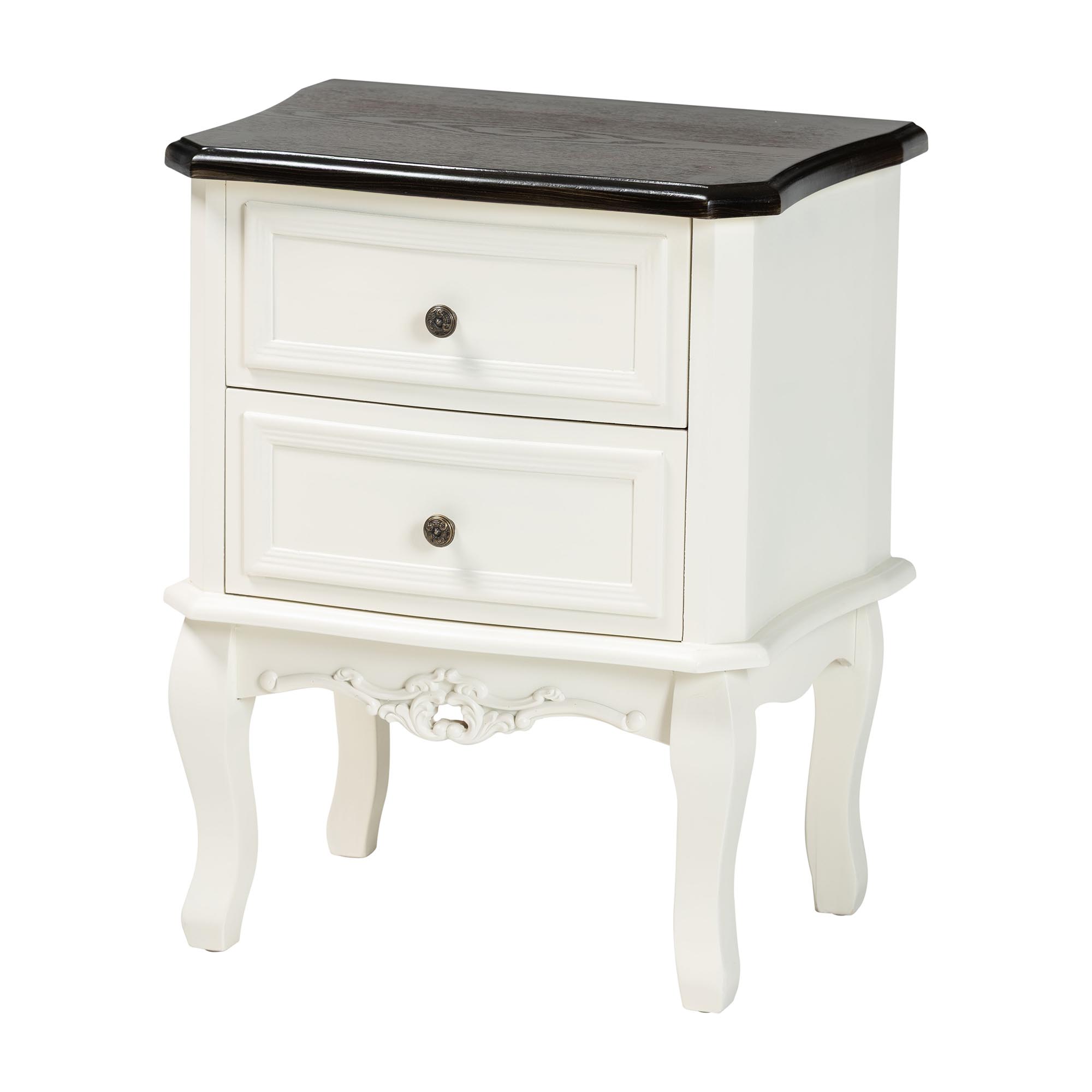 Baxton Studio Darlene Classic and Traditional French White and Cherry Brown Finished Wood 2-Drawer End Table Affordable modern furniture in Chicago, classic living room furniture, modern end table, cheap end table