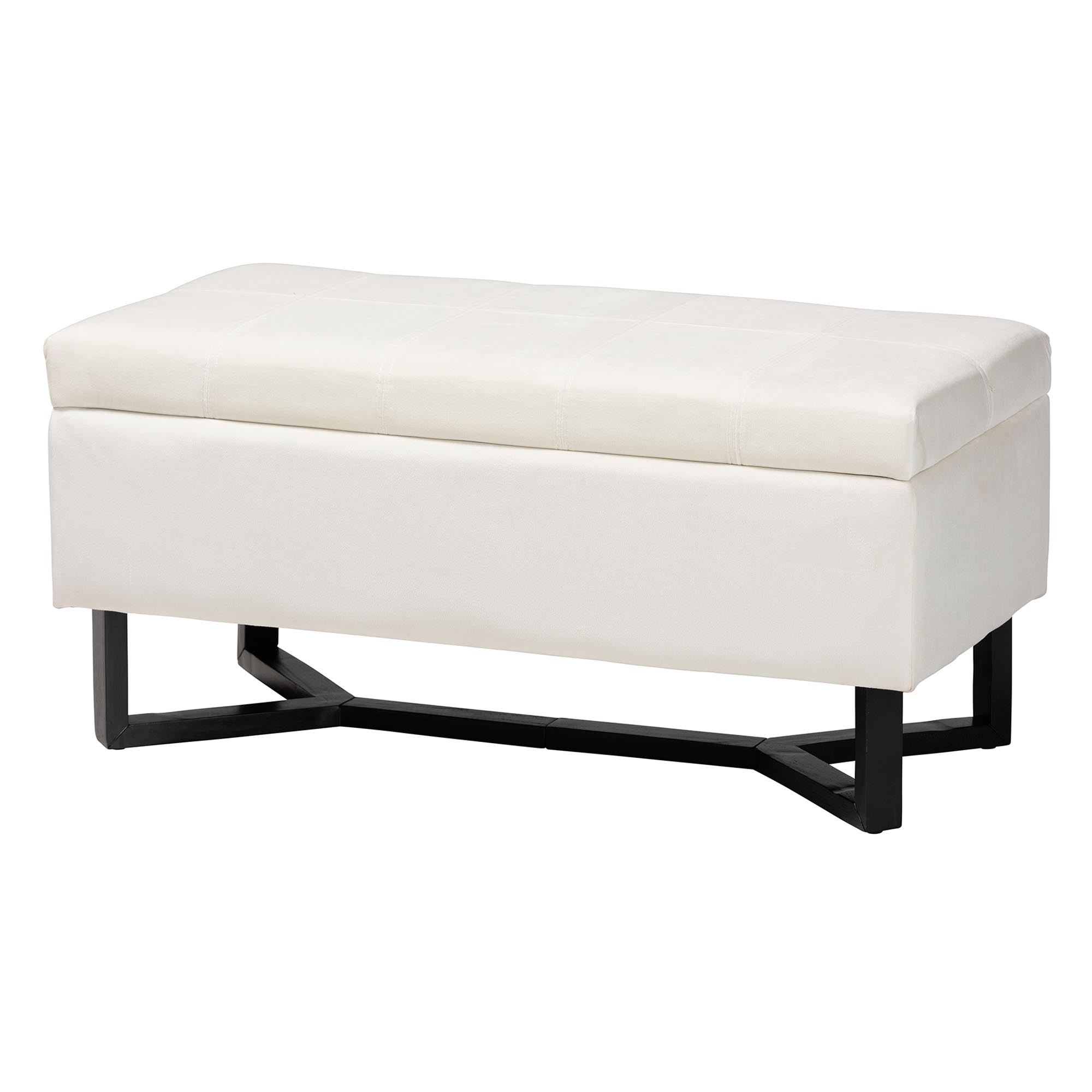 Baxton Studio Esther Modern and Contemporary Beige Velvet Fabric Upholstered and Dark Brown Finished Wood Storage Ottoman Affordable modern furniture in Chicago, classic living room furniture, modern ottoman, cheap ottoman