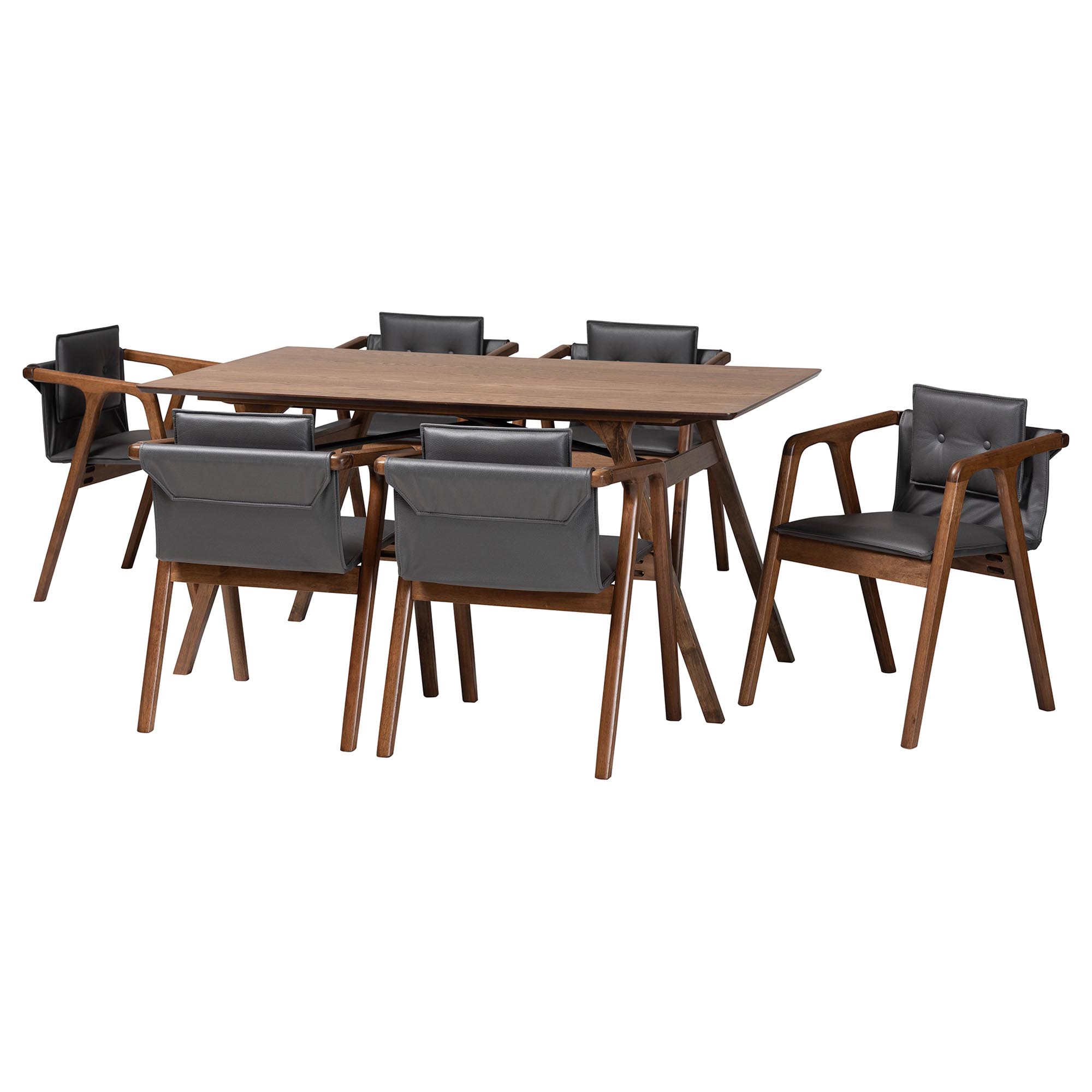 Baxton Studio Marcena Mid-Century Modern Grey Imitation Leather Upholstered and Walnut Brown Finished Wood 7-Piece Dining Set Affordable modern furniture in Chicago, classic dining room furniture, modern dining sets, cheap dining sets
