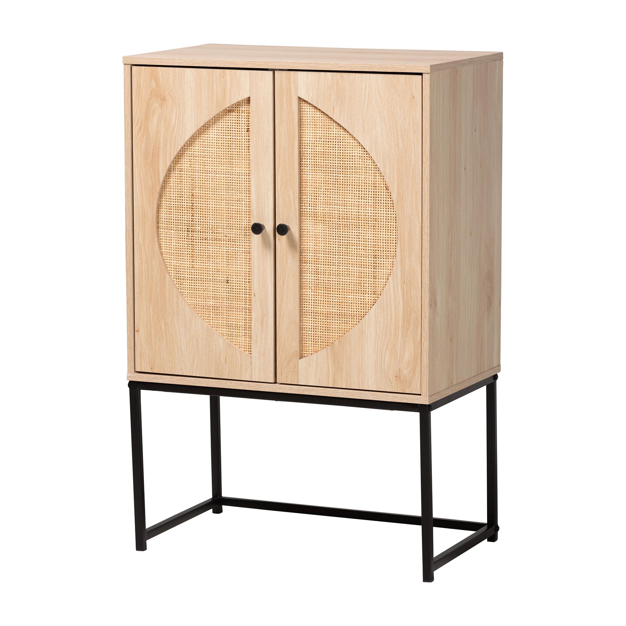Baxton Studio Ardon Bohemian Light Brown Finished Wood and Black Metal 2-Door Storage Cabinet with Natural Rattan Affordable modern furniture in Chicago, classic living room furniture, modern storage cabinet, cheap storage cabinet