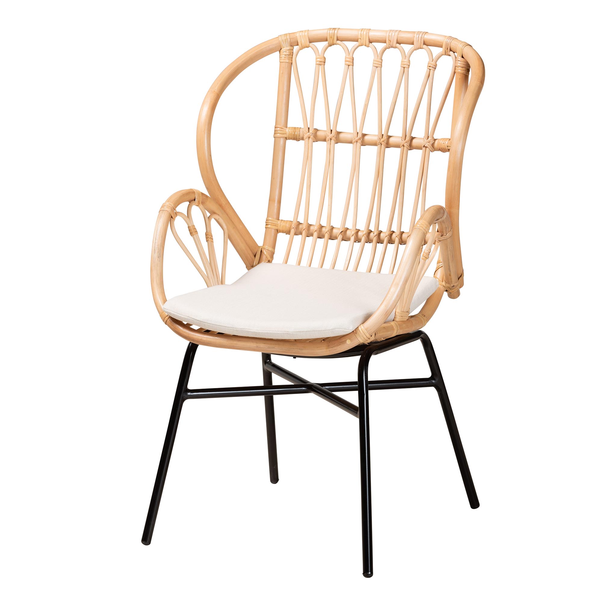 bali & pari Caelia Modern Bohemian Natural Brown Rattan and Black Metal Chair Affordable modern furniture in Chicago, classic dining room furniture, modern dining chairs, cheap dining chairs