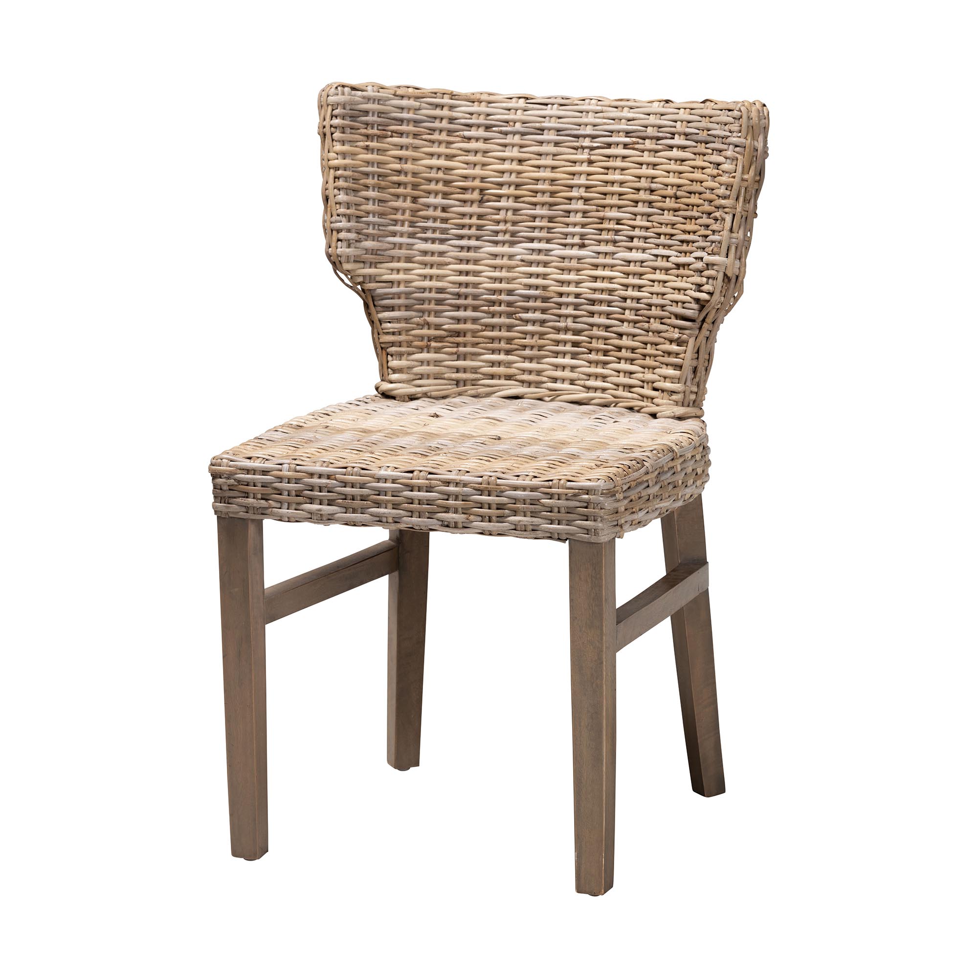 bali & pari Enver Modern Bohemian Grey Rattan and Brown Wood Dining Chair Affordable modern furniture in Chicago, classic dining room furniture, modern dining chairs, cheap dining chairs