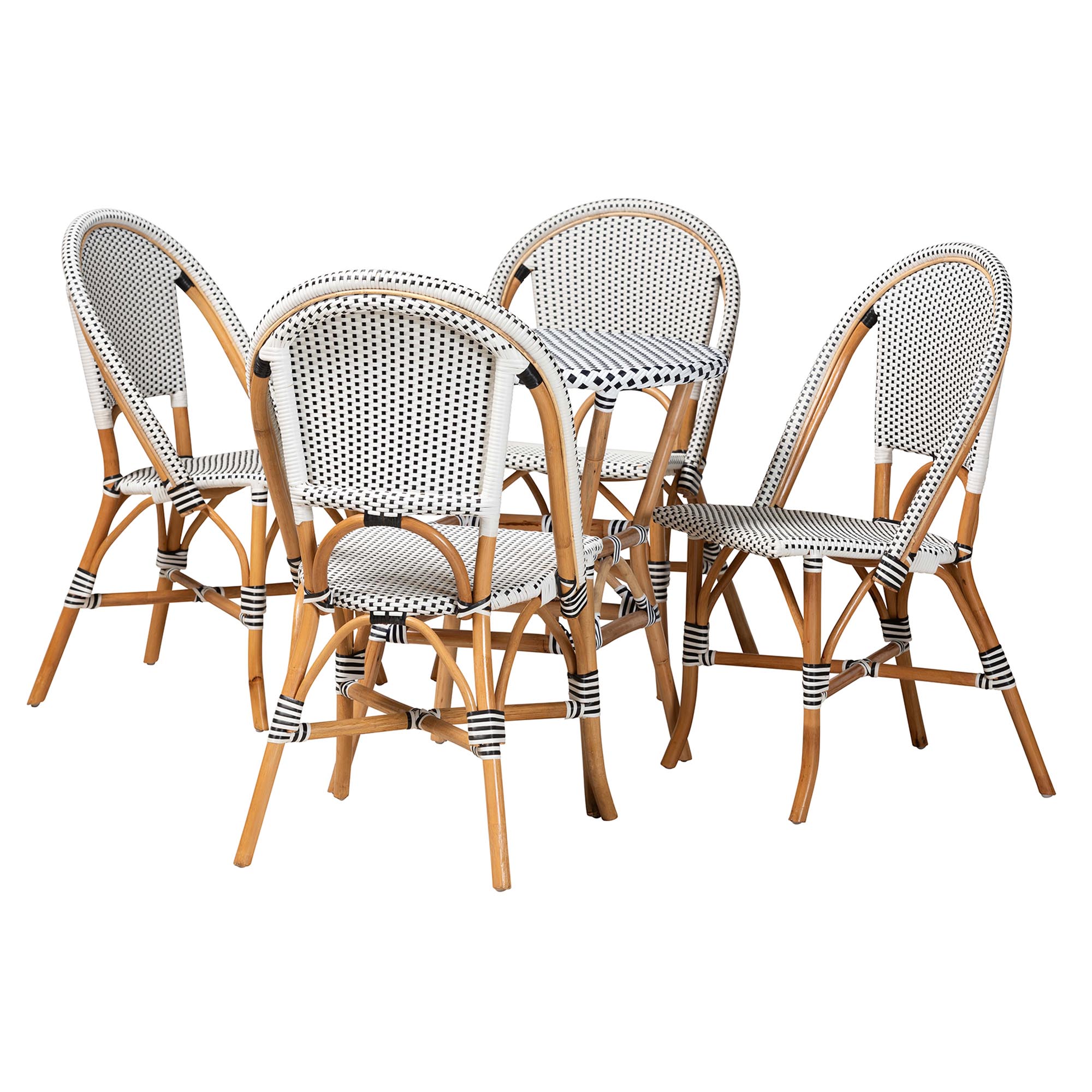 Baxton Studio Genica Classic French Black and White Weaving and Natural Brown Rattan 5-Piece Indoor and Outdoor Bistro Set Affordable modern furniture in Chicago, classic dining room furniture, modern dining sets, cheap dining sets