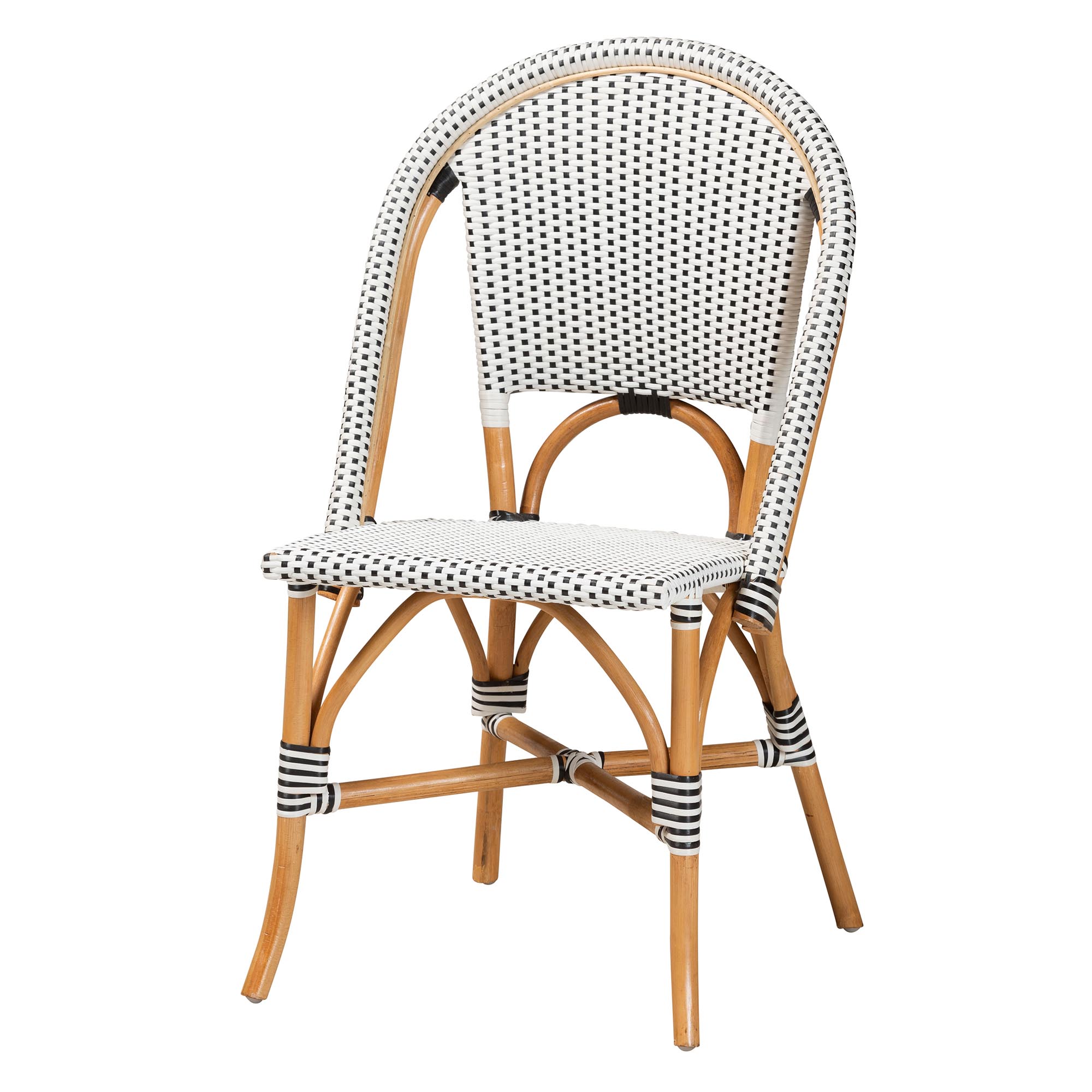 bali & pari Genica Classic French Black and White Weaving and Natural Brown Rattan Indoor and Outdoor Bistro Chair Affordable modern furniture in Chicago, classic dining room furniture, modern dining chairs, cheap dining chairs