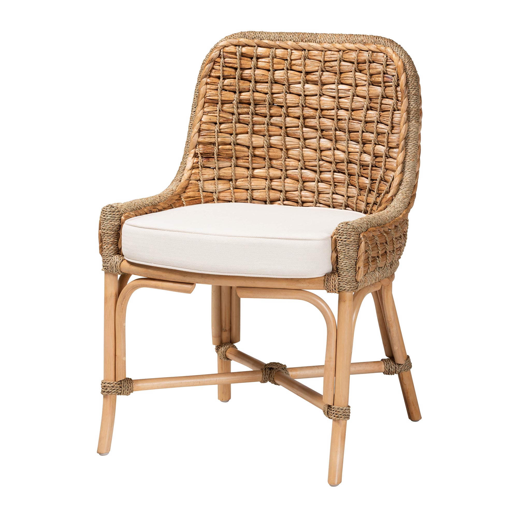 bali & pari Kyle Modern Bohemian Natural Brown Woven Rattan Dining Side Chair With Cushion Affordable modern furniture in Chicago, classic dining room furniture, modern dining chairs, cheap dining chairs