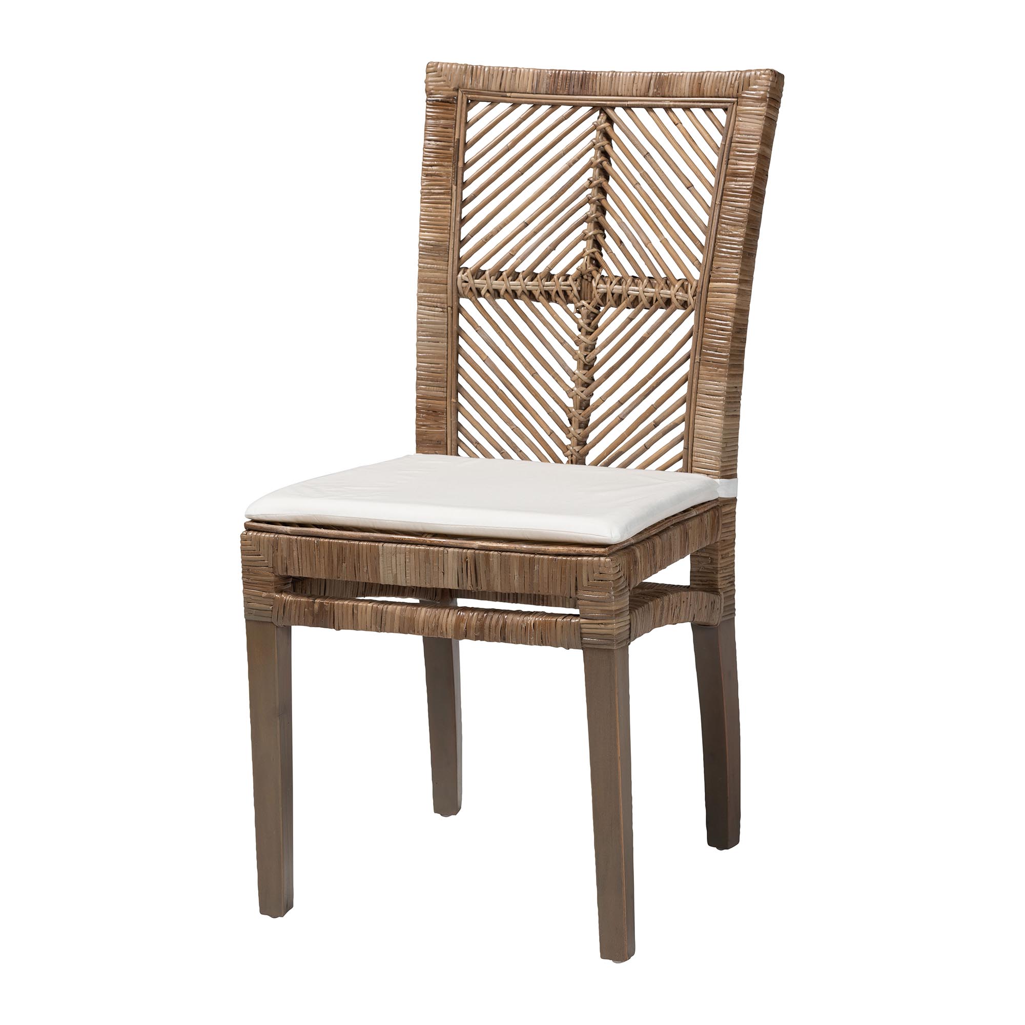 bali & pari Laluna Modern Bohemian Greywashed Natural Rattan and Mahogany Dining Chair with Cushion Affordable modern furniture in Chicago, classic dining room furniture, modern dining chairs, cheap dining chairs