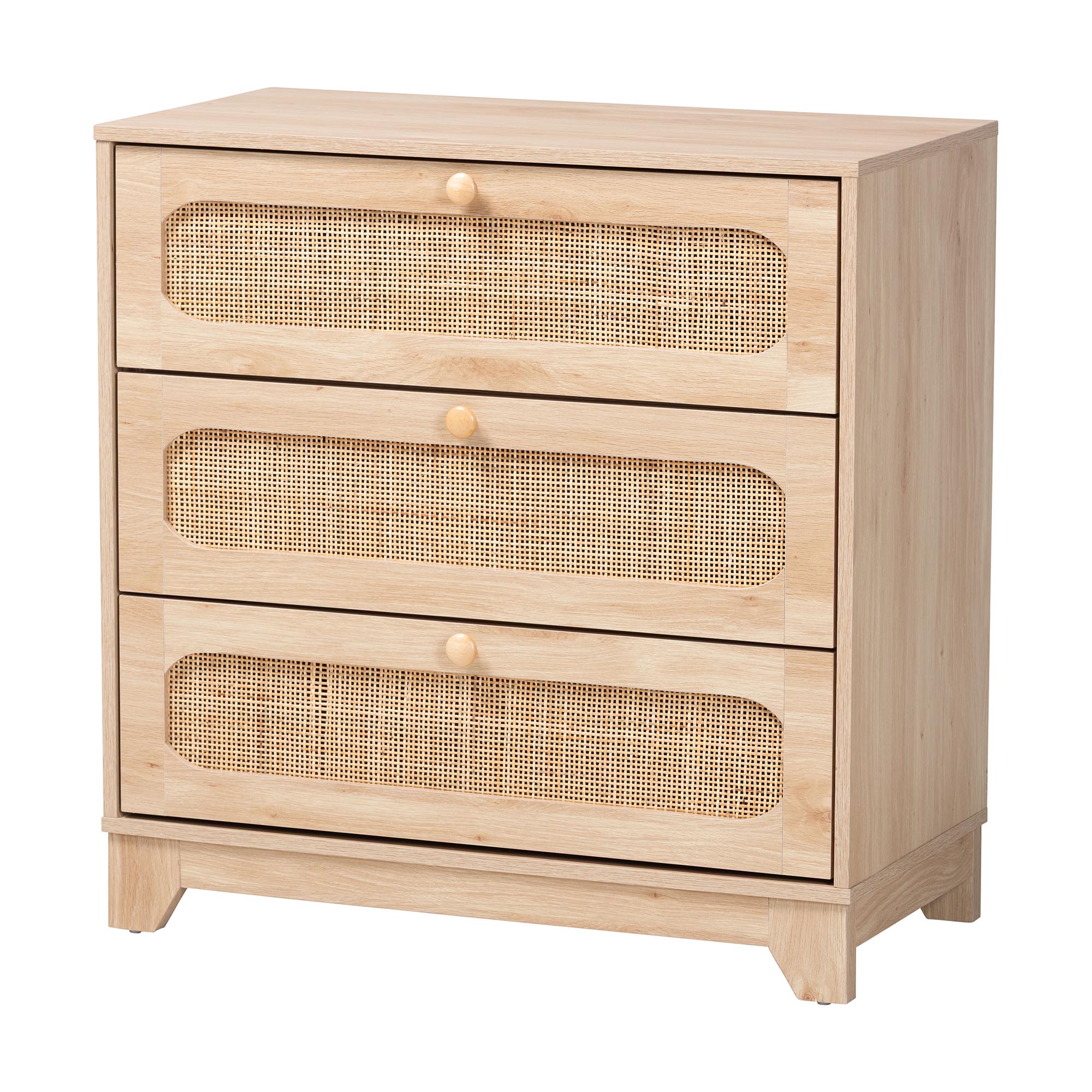 Baxton Studio Elsbeth Japandi Oak Brown Finished Wood and Natural Rattan 3-Drawer Storage Cabinet Affordable modern furniture in Chicago, classic living room furniture, modern storage cabinet, cheap storage cabinet