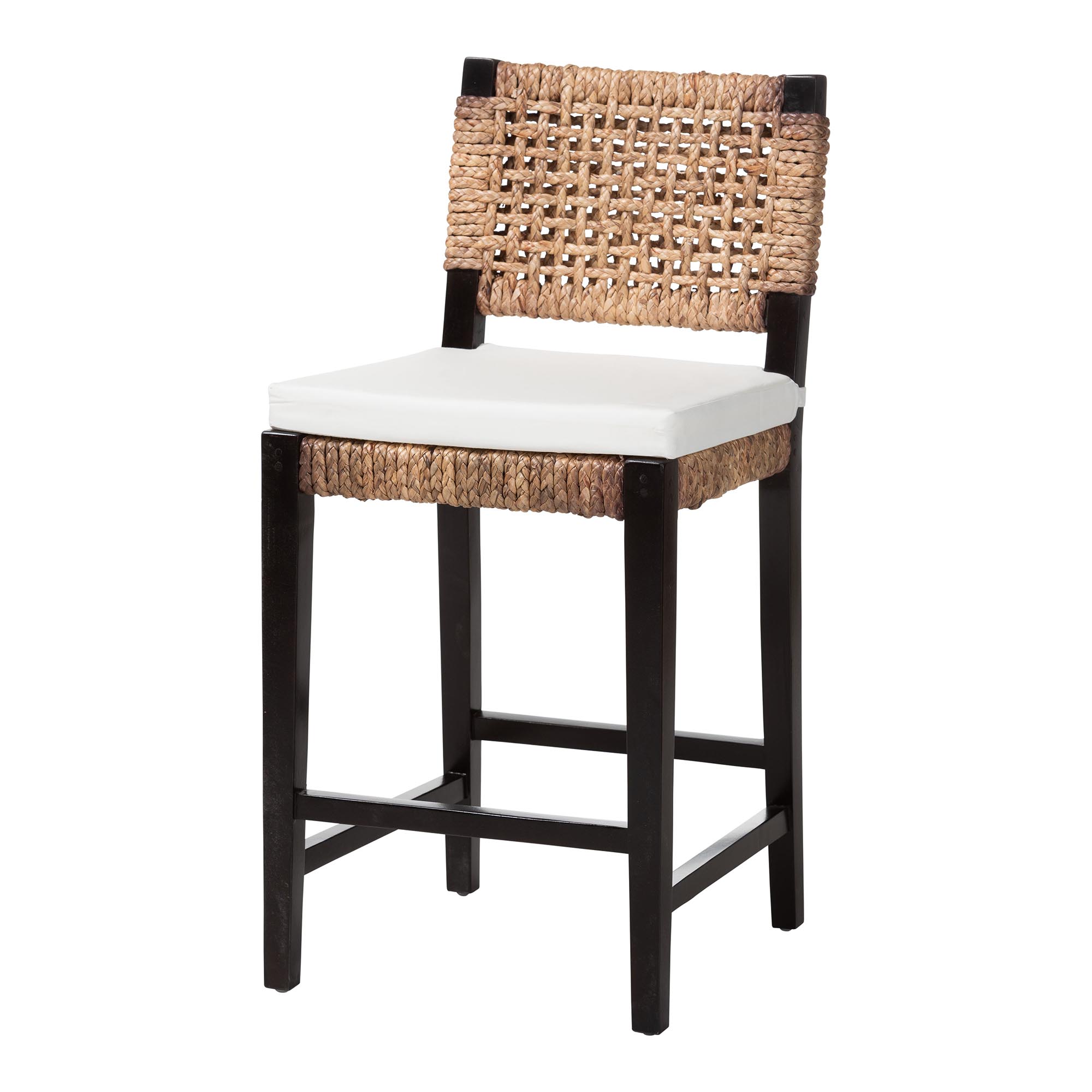 bali & pari Alise Modern Bohemian Dark Brown Mahogany Wood and Seagrass Counter Stool Affordable modern furniture in Chicago, classic bar furniture, modern counter stools, cheap counter stools
