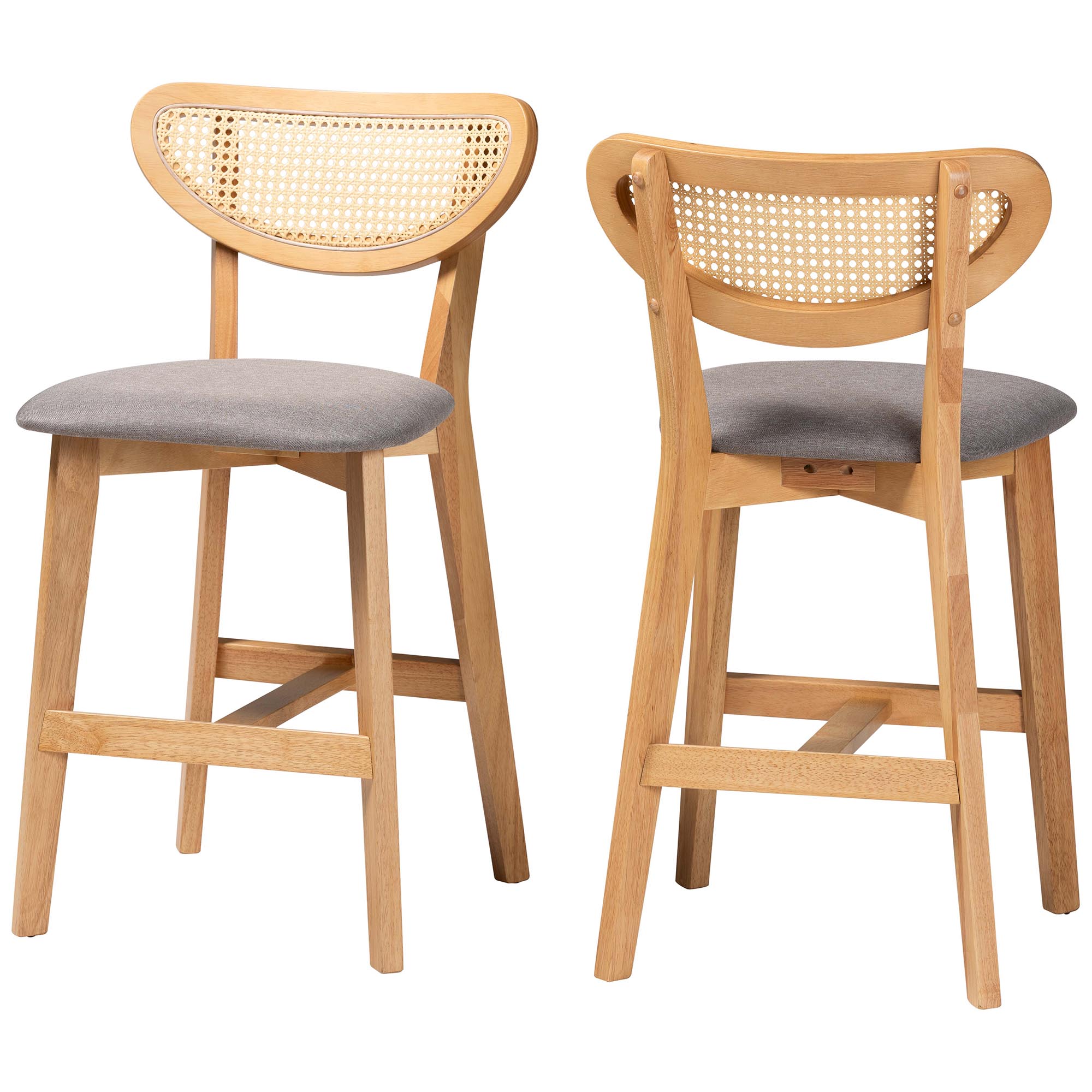 Baxton Studio Dannell Mid-Century Modern Grey Fabric and Natural Oak Finished Wood 2-Piece Counter Stool Set Affordable modern furniture in Chicago, classic bar furniture, modern counter stools, cheap counter stools
