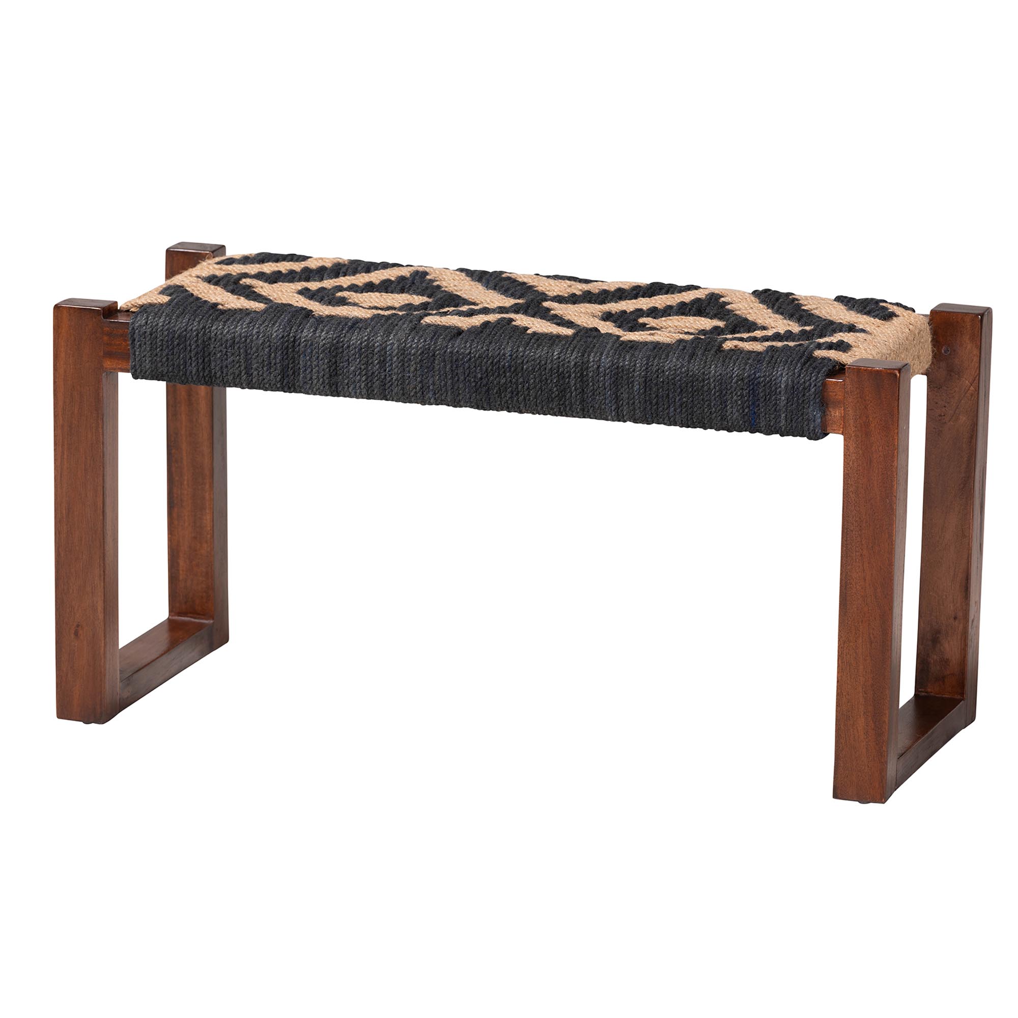 bali & pari Prunella Modern Bohemian Two-Tone Navy Blue and Natural Brown Jute and Acacia Wood Accent Bench Affordable modern furniture in Chicago, classic living room furniture, modern ottoman, cheap ottoman