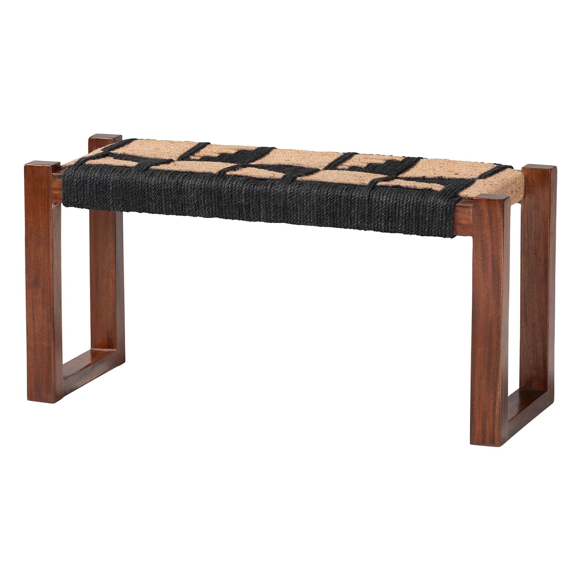 bali & pari Jerilyn Modern Bohemian Two-Tone Navy Blue and Natura Brown Jute and Acacia Wood Accent Bench Affordable modern furniture in Chicago, classic living room furniture, modern ottoman, cheap ottoman