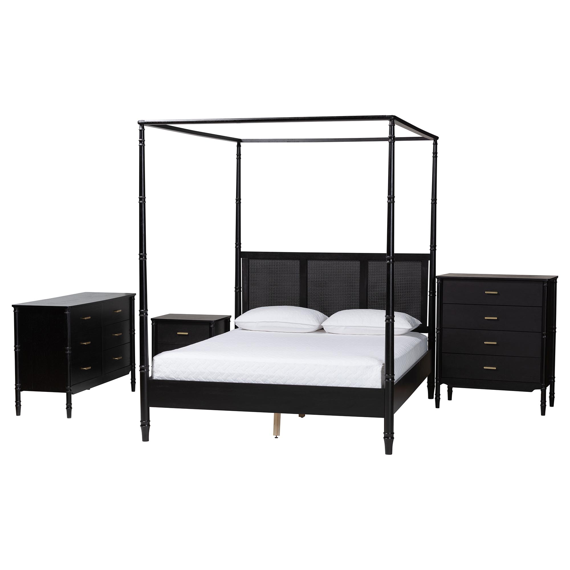 Baxton Studio Marisela 4-Piece Black Bedroom Set - Canopy Bed with Synthetic Rattan Headboard, Matching Dresser, Chest, and Nightstand, Modern Transitional Wood Bedroom Furniture Collection, King Affordable modern furniture in Chicago, classic bedroom furniture, modern king size, cheap king size